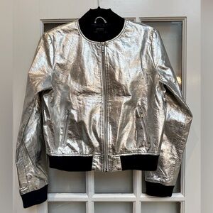 Zara Outerwear Silver Metallic Bomber Jacket Embroider Floral Butterflies Size M